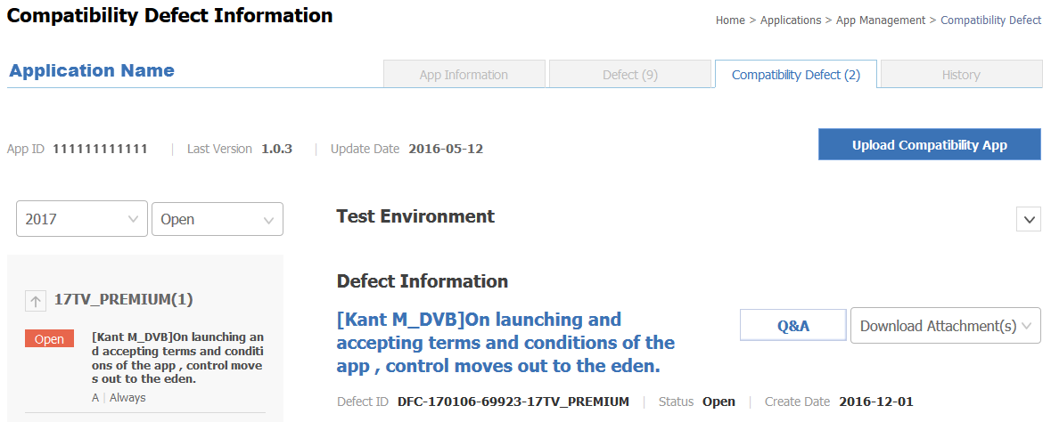 Figure 5. Compatibility Defect Information Page Example