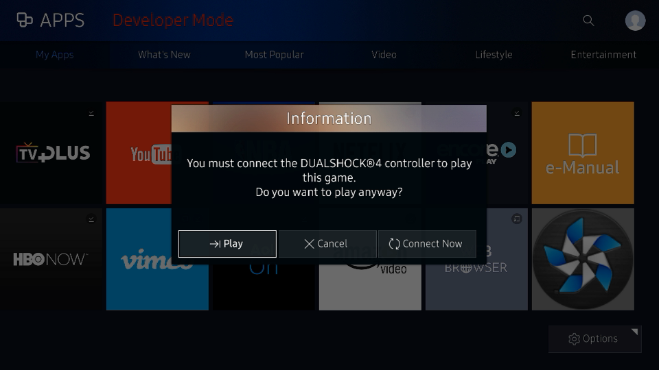 Figure 2. Correct gamepad not connected popup