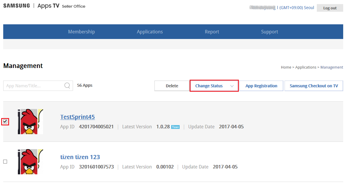 Figure 4. Choose an application whose status will be changed
