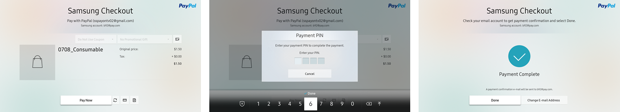 Figure 1. 3-step checkout: Confirm > Provide PIN > Done