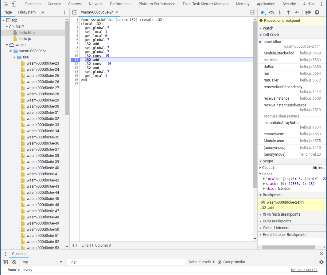 Figure 2. WebAssembly Execution Paused on a Breakpoint