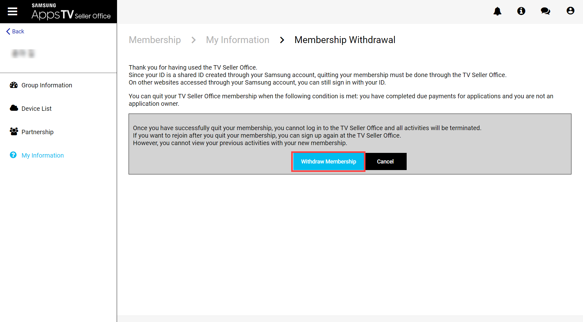Figure 2. Membership Withdrawal page