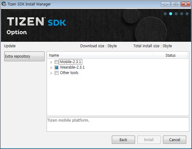 In the Tizen SDK Install Manager window, click Update.