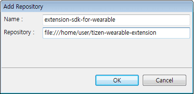 In the Add Repository dialog, enter the repository name and the extracted Tizen Extension SDK location, and click OK.
